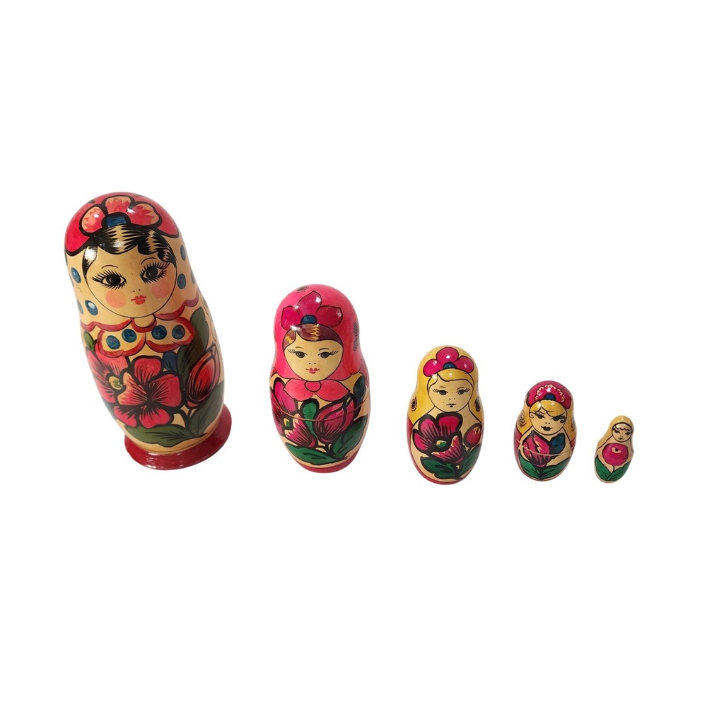 Vintage Russian Nesting Dolls Matryoshka Set 5 Piece Hand Painted Wood Floral